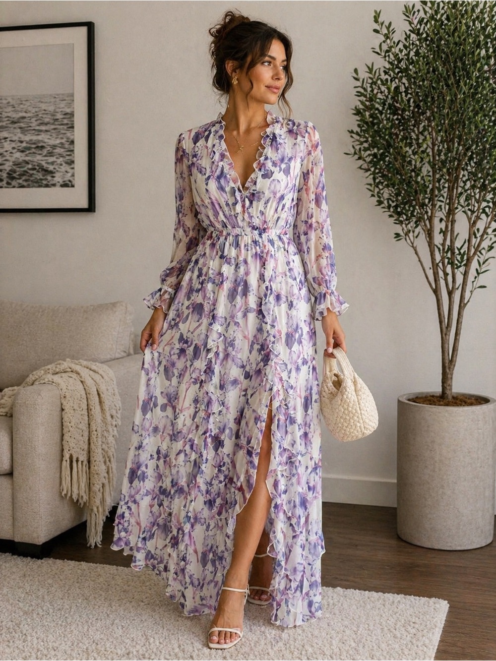 Nasty Gal Purple and White Floral Long Sleeve Dress size 6, ruffles